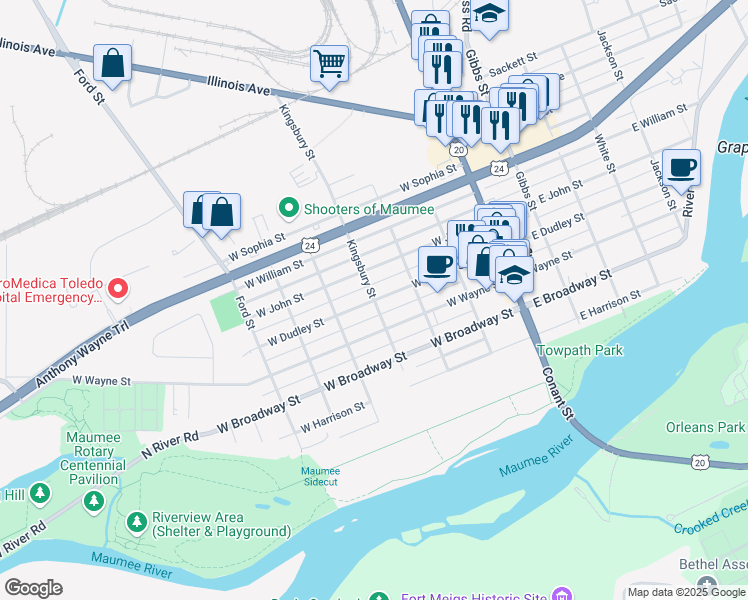 map of restaurants, bars, coffee shops, grocery stores, and more near West Dudley Street in Maumee