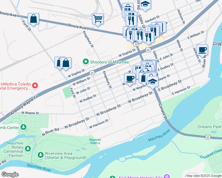 map of restaurants, bars, coffee shops, grocery stores, and more near West Dudley Street in Maumee