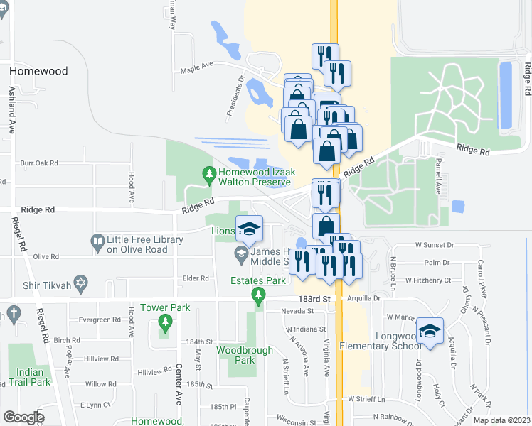map of restaurants, bars, coffee shops, grocery stores, and more near 900 Ridge Road in Homewood