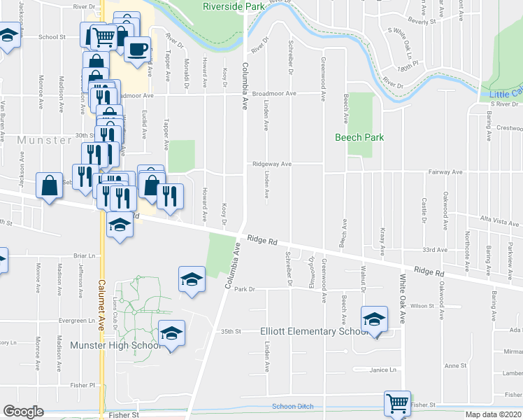 map of restaurants, bars, coffee shops, grocery stores, and more near 8400 Linden Avenue in Munster