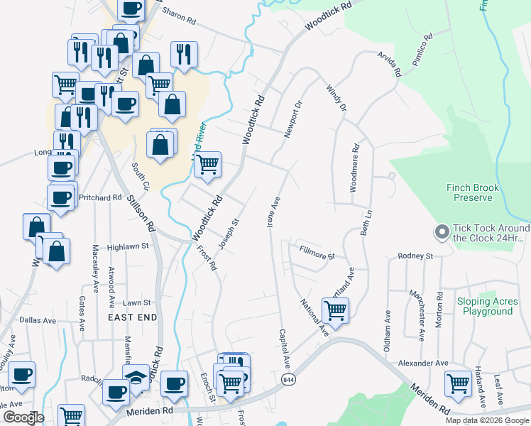 map of restaurants, bars, coffee shops, grocery stores, and more near 170 Joseph Street in Waterbury