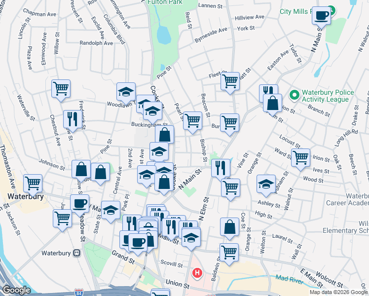 map of restaurants, bars, coffee shops, grocery stores, and more near 9 Pearl Street in Waterbury
