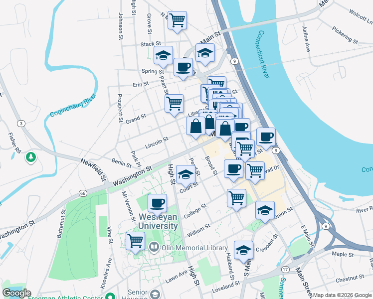 map of restaurants, bars, coffee shops, grocery stores, and more near 5 Glover Place in Middletown