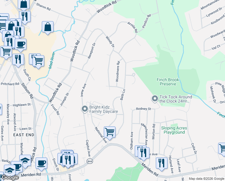 map of restaurants, bars, coffee shops, grocery stores, and more near 370 Windy Drive in Waterbury