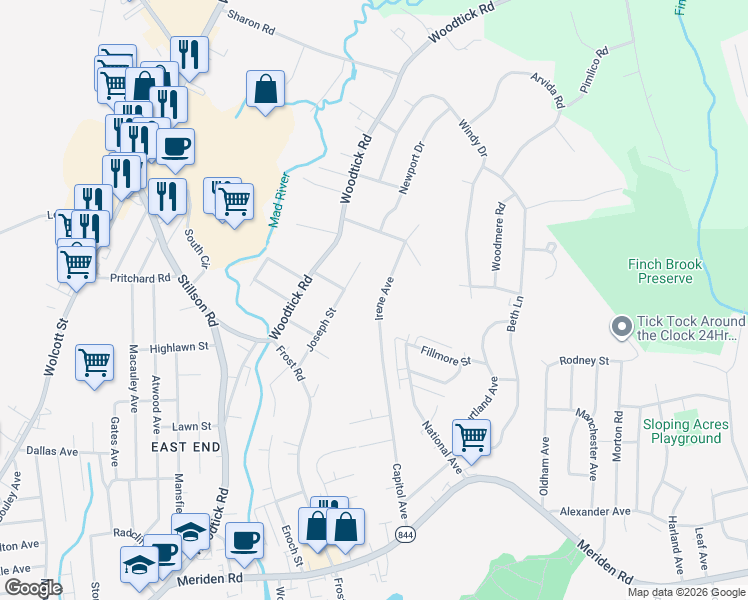 map of restaurants, bars, coffee shops, grocery stores, and more near 170 Joseph Street in Waterbury