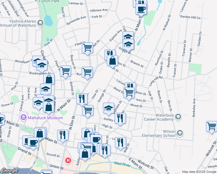 map of restaurants, bars, coffee shops, grocery stores, and more near 296 Orange Street in Waterbury
