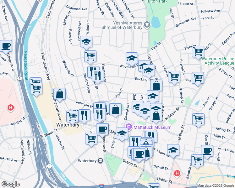 map of restaurants, bars, coffee shops, grocery stores, and more near 96 Pine Street in Waterbury