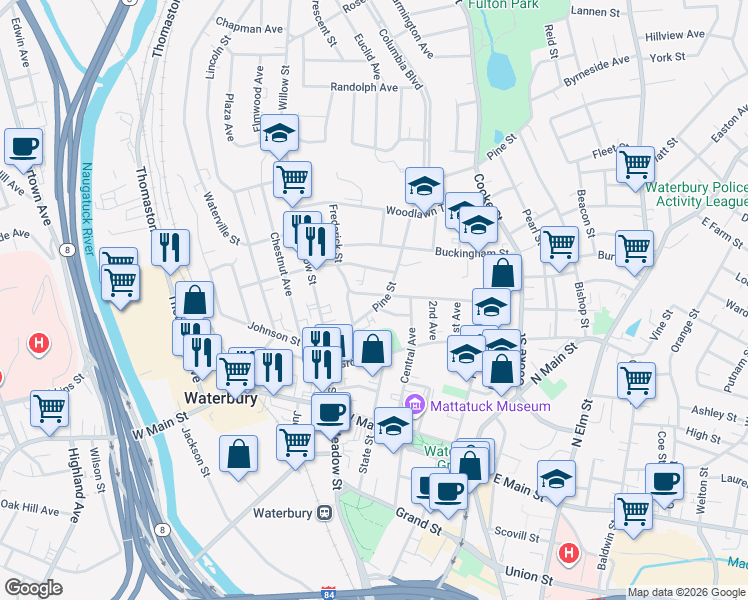 map of restaurants, bars, coffee shops, grocery stores, and more near 170 Hillside Avenue in Waterbury