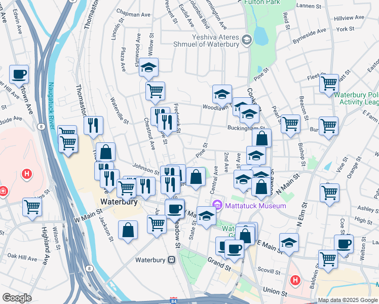 map of restaurants, bars, coffee shops, grocery stores, and more near 170 Hillside Avenue in Waterbury