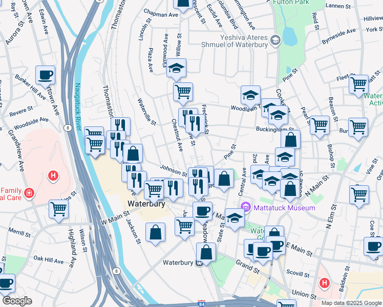 map of restaurants, bars, coffee shops, grocery stores, and more near 191 Hillside Avenue in Waterbury