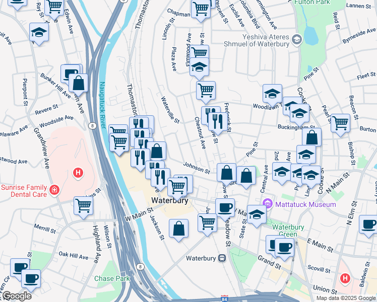 map of restaurants, bars, coffee shops, grocery stores, and more near 69 Waterville Street in Waterbury