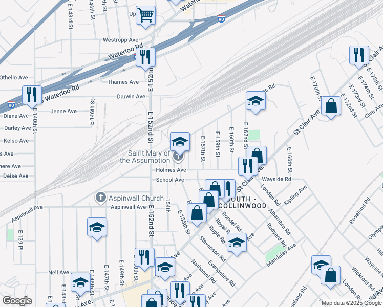 map of restaurants, bars, coffee shops, grocery stores, and more near 690 East 157th Street in Cleveland