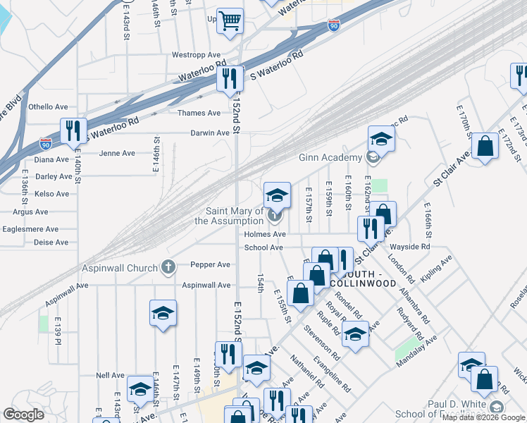 map of restaurants, bars, coffee shops, grocery stores, and more near 15237 Saranac Road in Cleveland
