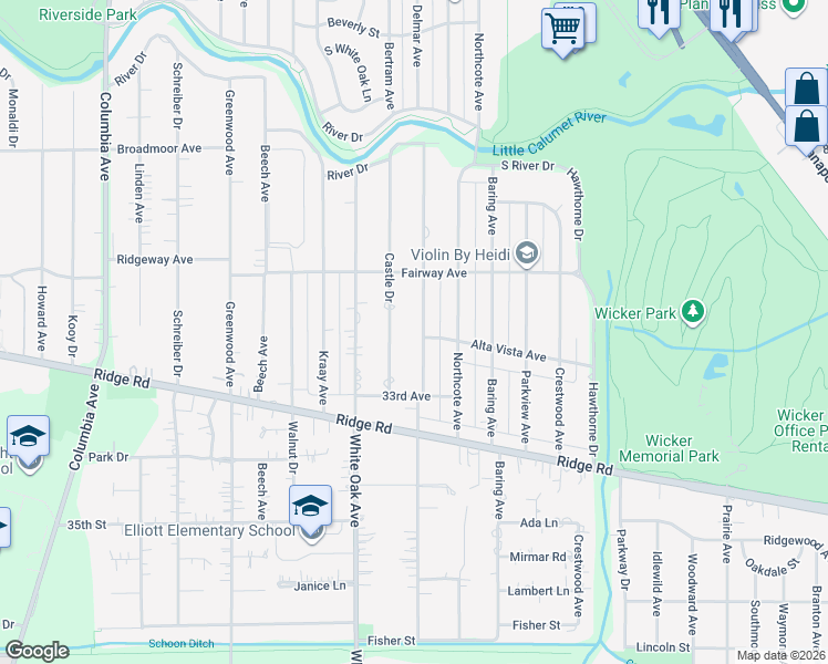 map of restaurants, bars, coffee shops, grocery stores, and more near 8331 Castle Dr in Munster