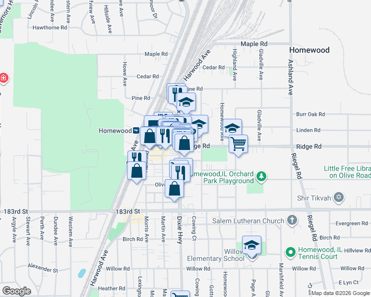 map of restaurants, bars, coffee shops, grocery stores, and more near 18027 Dixie Highway in Homewood