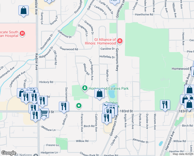 map of restaurants, bars, coffee shops, grocery stores, and more near 18034 Cherrywood Lane in Homewood