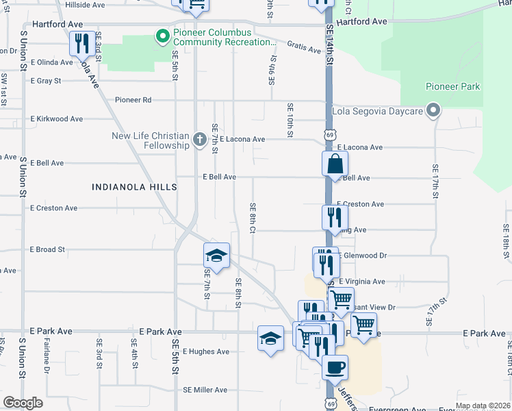map of restaurants, bars, coffee shops, grocery stores, and more near 2517 Southeast 8th Court in Des Moines