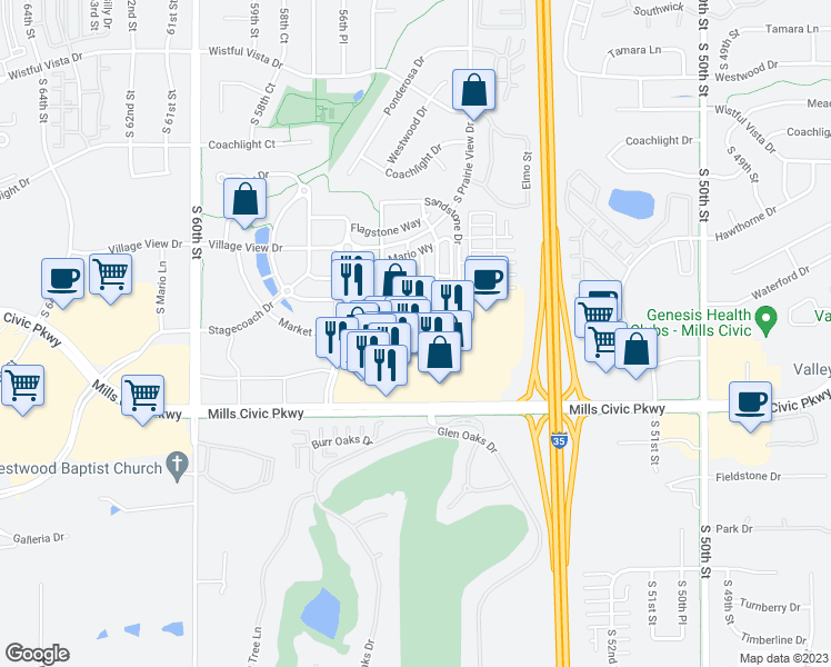 map of restaurants, bars, coffee shops, grocery stores, and more near 5485 Mills Civic Parkway in West Des Moines