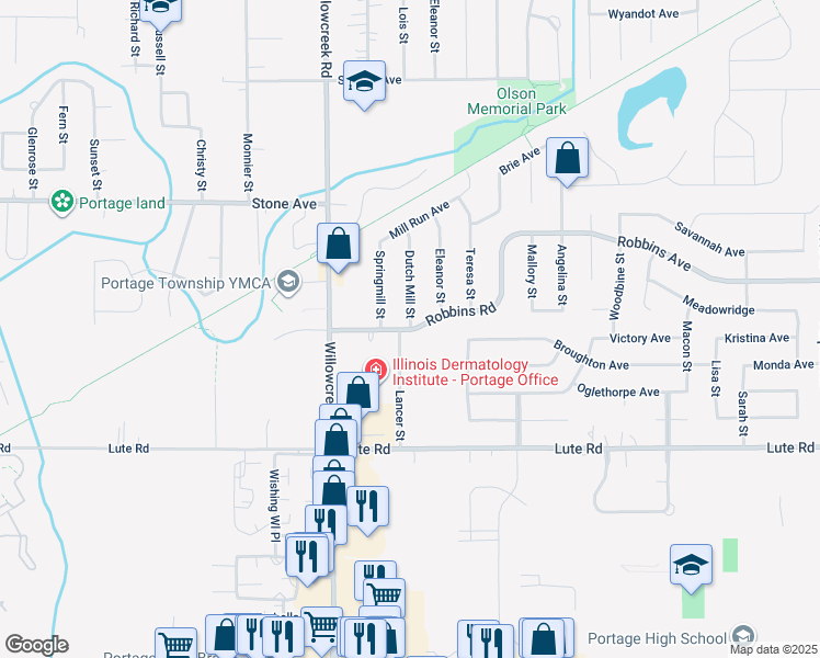 map of restaurants, bars, coffee shops, grocery stores, and more near 3198 Dutch Mill Street in Portage