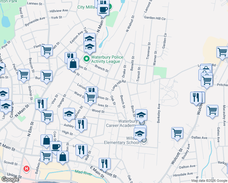 map of restaurants, bars, coffee shops, grocery stores, and more near 14 Long Hill Road in Waterbury