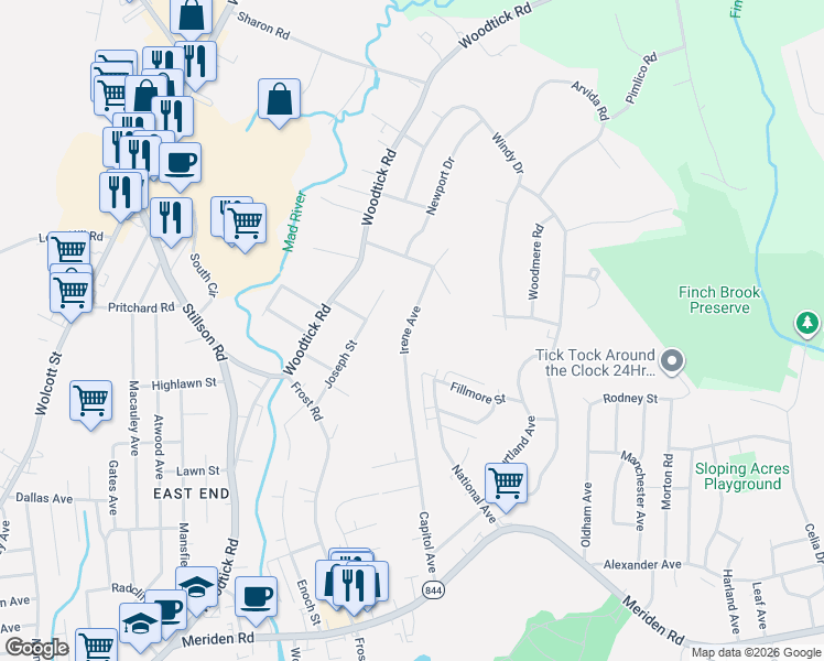 map of restaurants, bars, coffee shops, grocery stores, and more near 28 Irene Avenue in Waterbury
