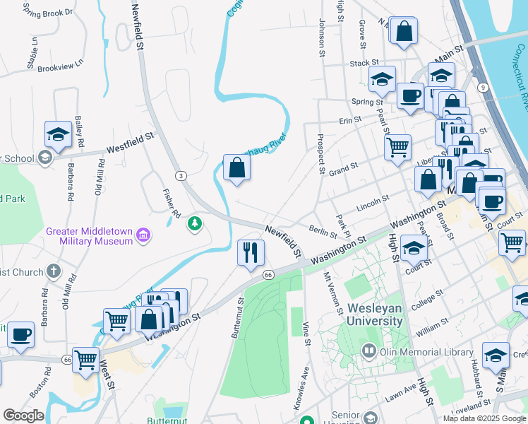 map of restaurants, bars, coffee shops, grocery stores, and more near 131 Berlin Street in Middletown