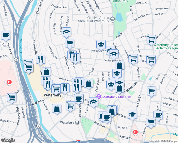 map of restaurants, bars, coffee shops, grocery stores, and more near 125 Hillside Avenue in Waterbury