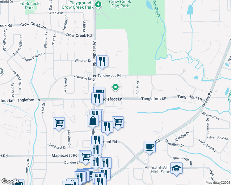 map of restaurants, bars, coffee shops, grocery stores, and more near 3800 Tanglefoot Lane in Bettendorf