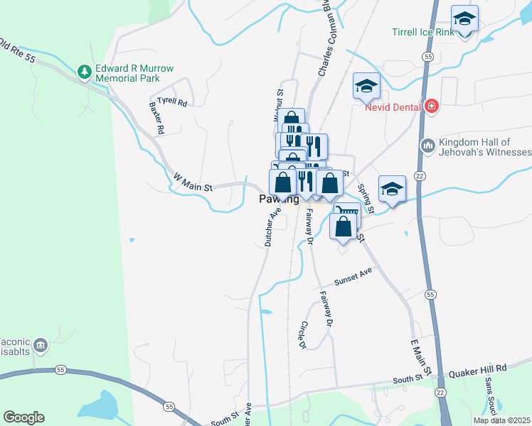 map of restaurants, bars, coffee shops, grocery stores, and more near 31 West Main Street in Pawling