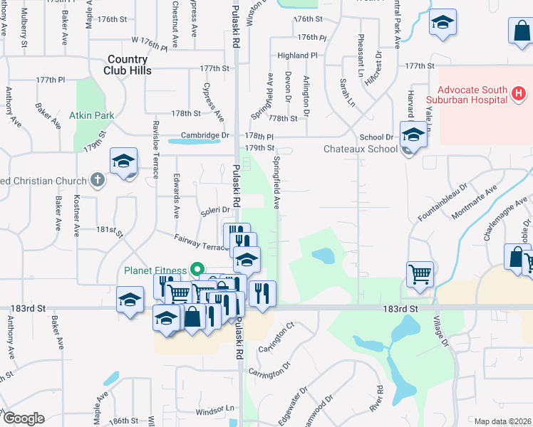 map of restaurants, bars, coffee shops, grocery stores, and more near 18025 Crawford Avenue in Homewood