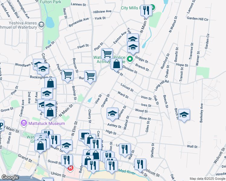 map of restaurants, bars, coffee shops, grocery stores, and more near 274 Orange Street in Waterbury