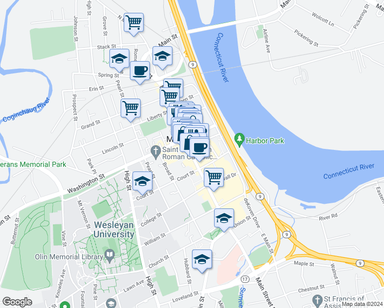 map of restaurants, bars, coffee shops, grocery stores, and more near in Middletown