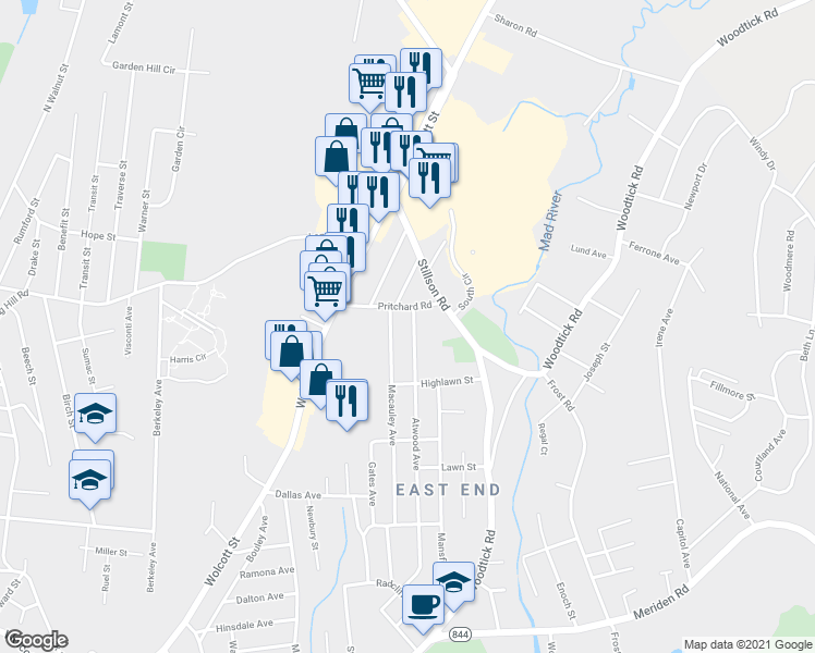 map of restaurants, bars, coffee shops, grocery stores, and more near 39 Pritchard Road in Waterbury