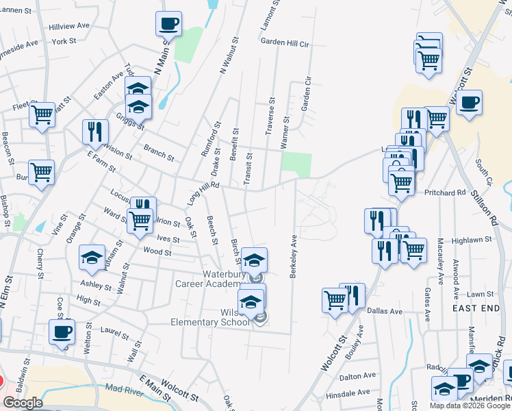 map of restaurants, bars, coffee shops, grocery stores, and more near 206 Long Hill Road in Waterbury