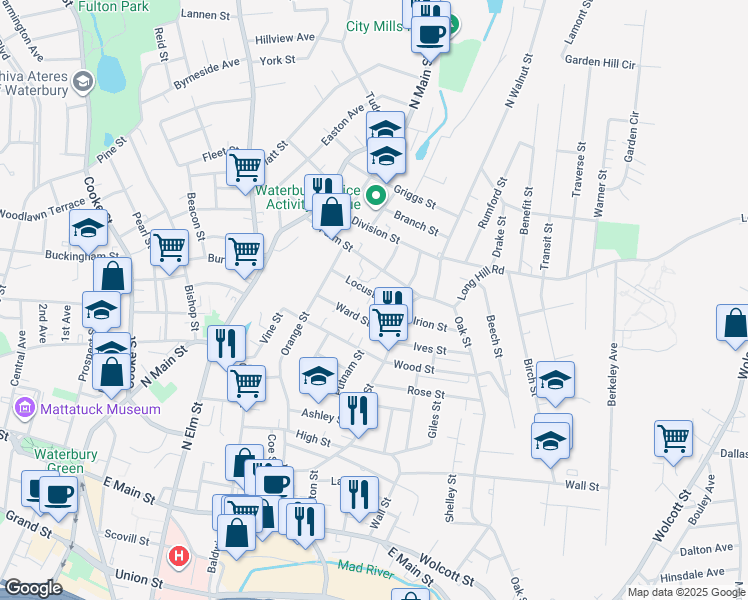 map of restaurants, bars, coffee shops, grocery stores, and more near 122 East Farm Street in Waterbury