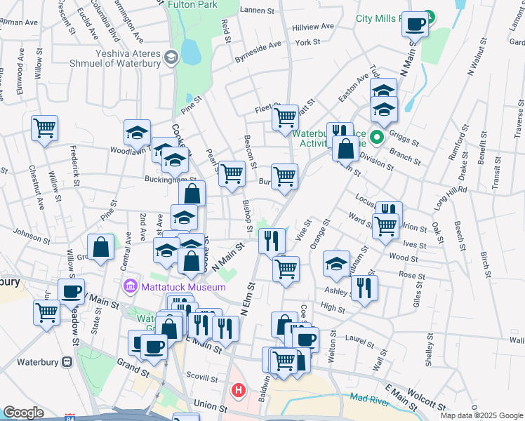 map of restaurants, bars, coffee shops, grocery stores, and more near 48 Elizabeth Street in Waterbury