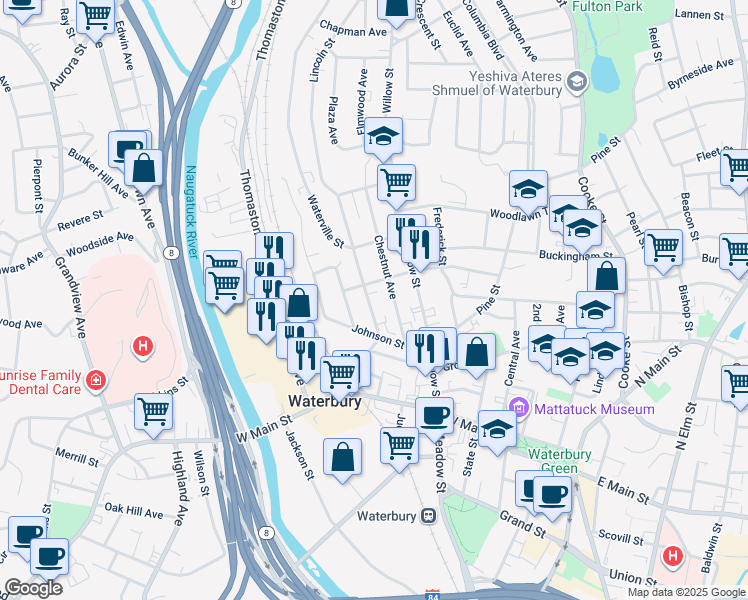 map of restaurants, bars, coffee shops, grocery stores, and more near 69 Waterville Street in Waterbury