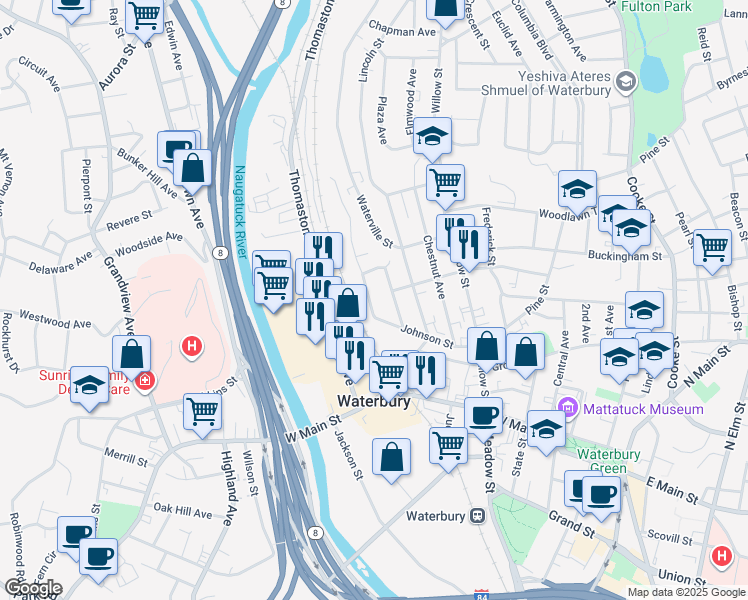 map of restaurants, bars, coffee shops, grocery stores, and more near 46 Manhan Street in Waterbury