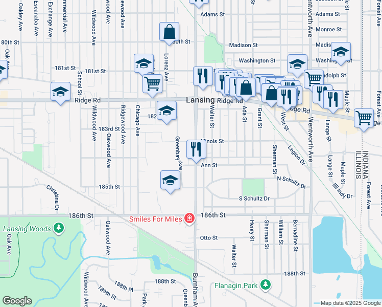 map of restaurants, bars, coffee shops, grocery stores, and more near 3131 Illinois Street in Lansing