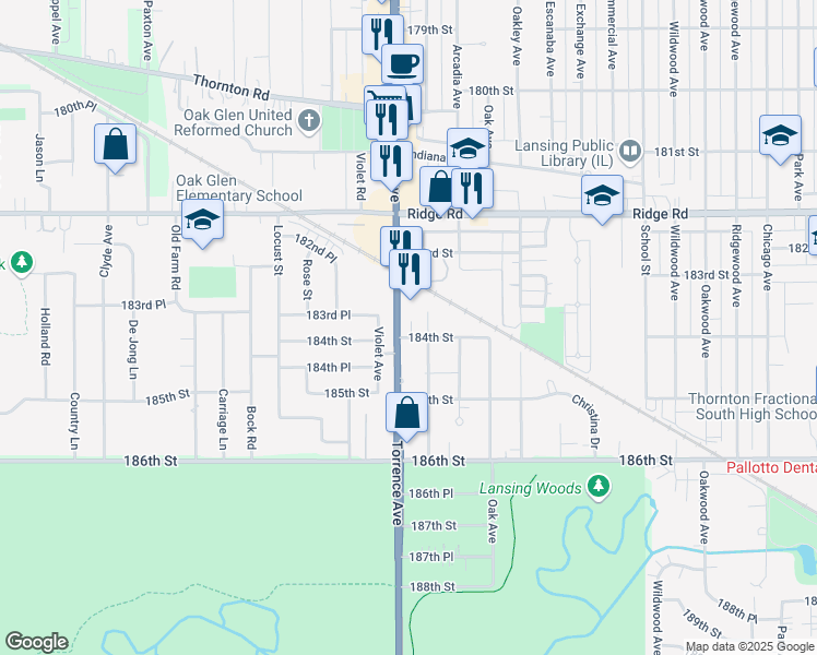 map of restaurants, bars, coffee shops, grocery stores, and more near 18349 Torrence Avenue in Lansing
