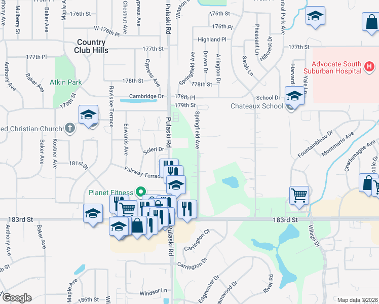 map of restaurants, bars, coffee shops, grocery stores, and more near 18025 Crawford Avenue in Homewood