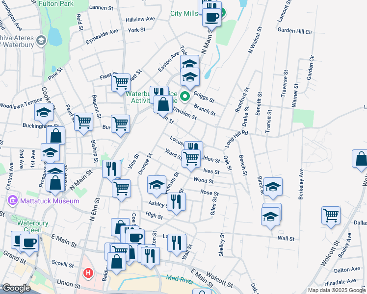 map of restaurants, bars, coffee shops, grocery stores, and more near 122 East Farm Street in Waterbury
