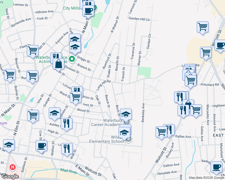 map of restaurants, bars, coffee shops, grocery stores, and more near 30 Birch Street in Waterbury