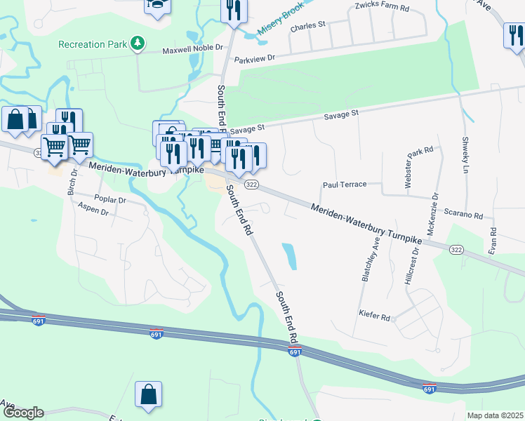 map of restaurants, bars, coffee shops, grocery stores, and more near 822 Meriden-Waterbury Turnpike in Southington
