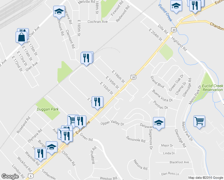 map of restaurants, bars, coffee shops, grocery stores, and more near 1575 East 193rd Street in Euclid
