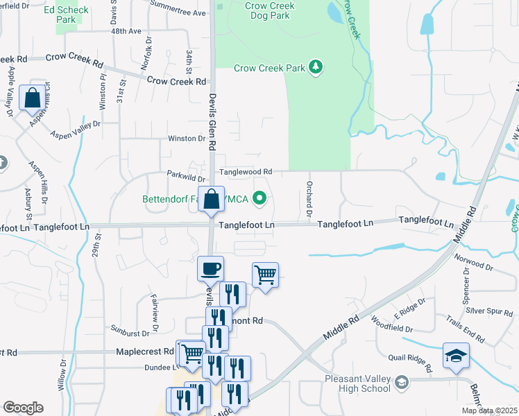map of restaurants, bars, coffee shops, grocery stores, and more near 3800 Tanglefoot Lane in Bettendorf