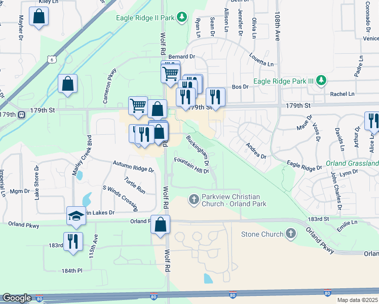 map of restaurants, bars, coffee shops, grocery stores, and more near 18035 Erickson Court in Orland Park