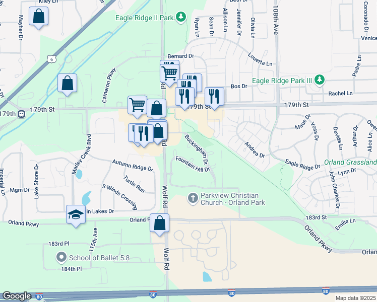map of restaurants, bars, coffee shops, grocery stores, and more near 18035 Erickson Court in Orland Park