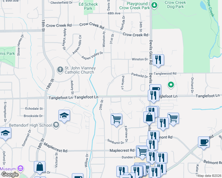 map of restaurants, bars, coffee shops, grocery stores, and more near 3065 Parkwild Drive in Bettendorf