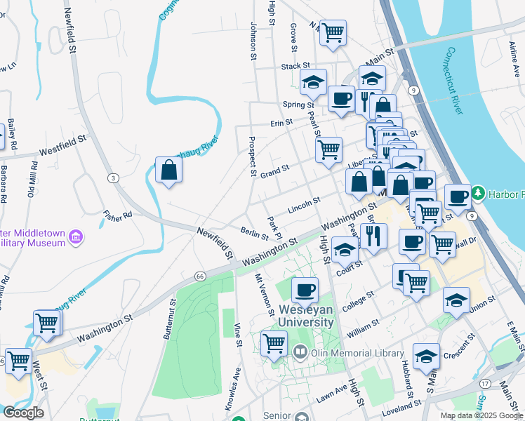 map of restaurants, bars, coffee shops, grocery stores, and more near 196 Liberty Street in Middletown